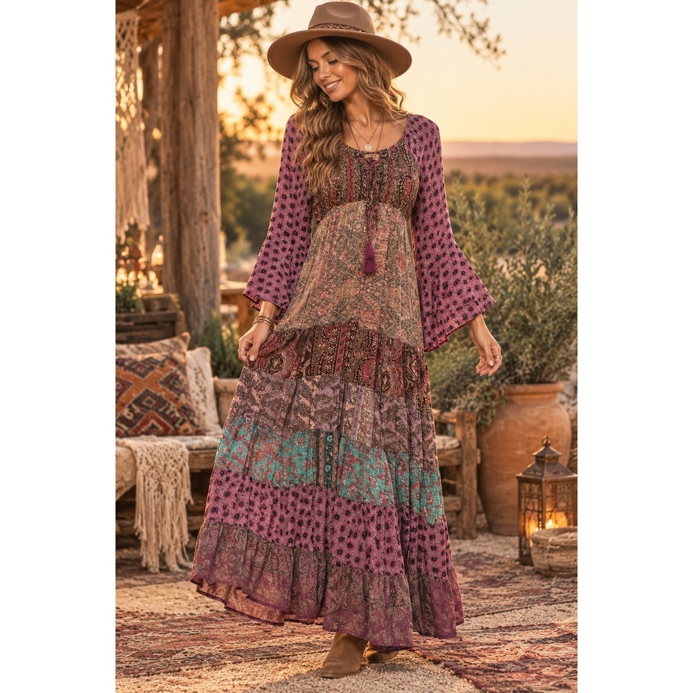 Karma Highway Patchwork Maxi Dress Boho Bell Sleeve Paisley Festival Hippie